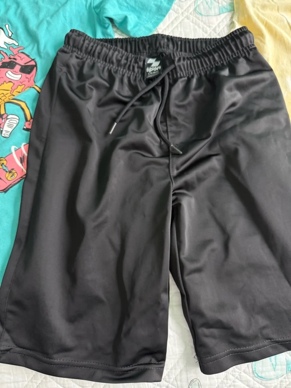 Kids XL Teal shirt, 1L yellow Pokemon tank and L 10-12 black shorts
